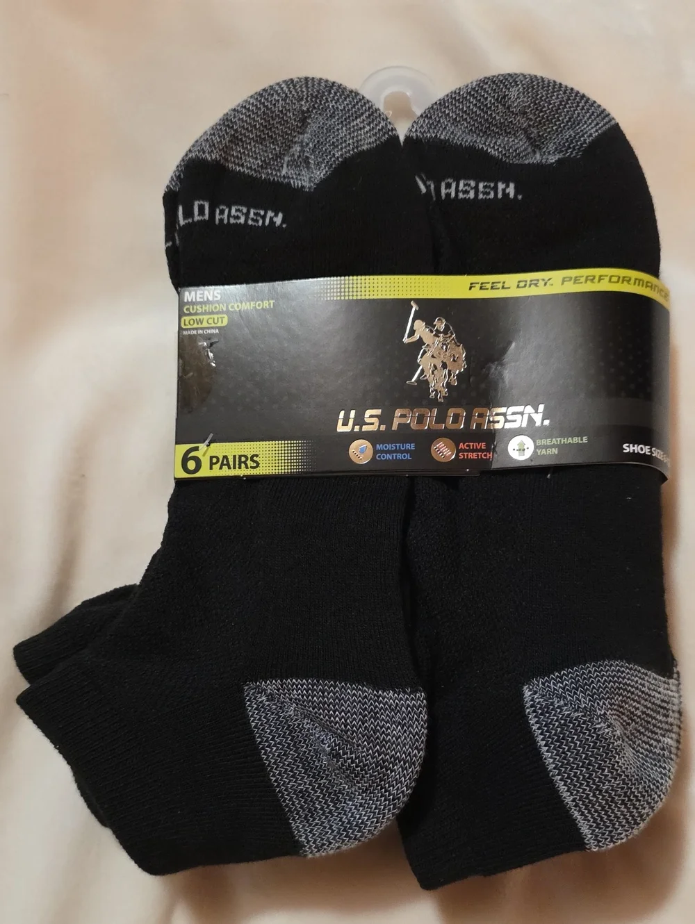 U.S. Polo Assn. Men's Black Low-Cut Athletic Socks with Gray Accents - 6 Pairs